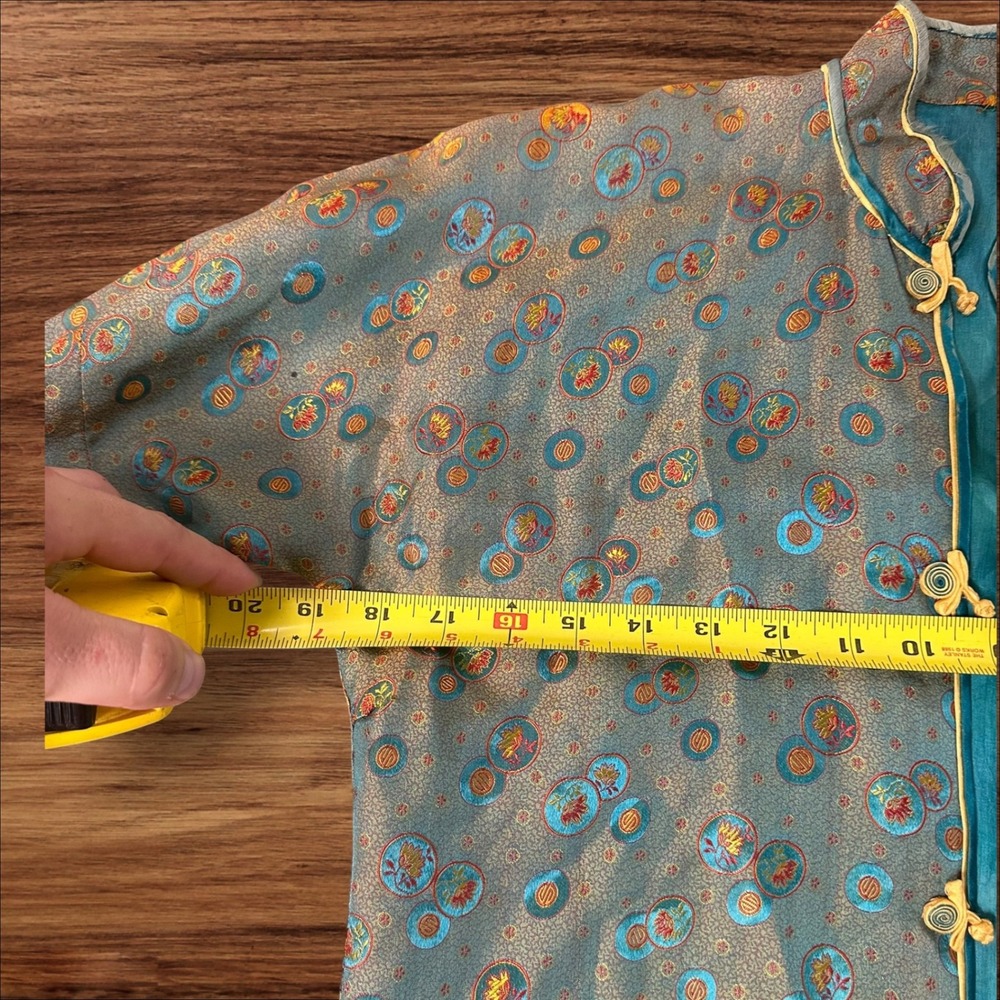 Vintage Asian‎ Inspired Jacket Robe Teal Blue Circle Pattern Frog Closures - Picture 3 of 6